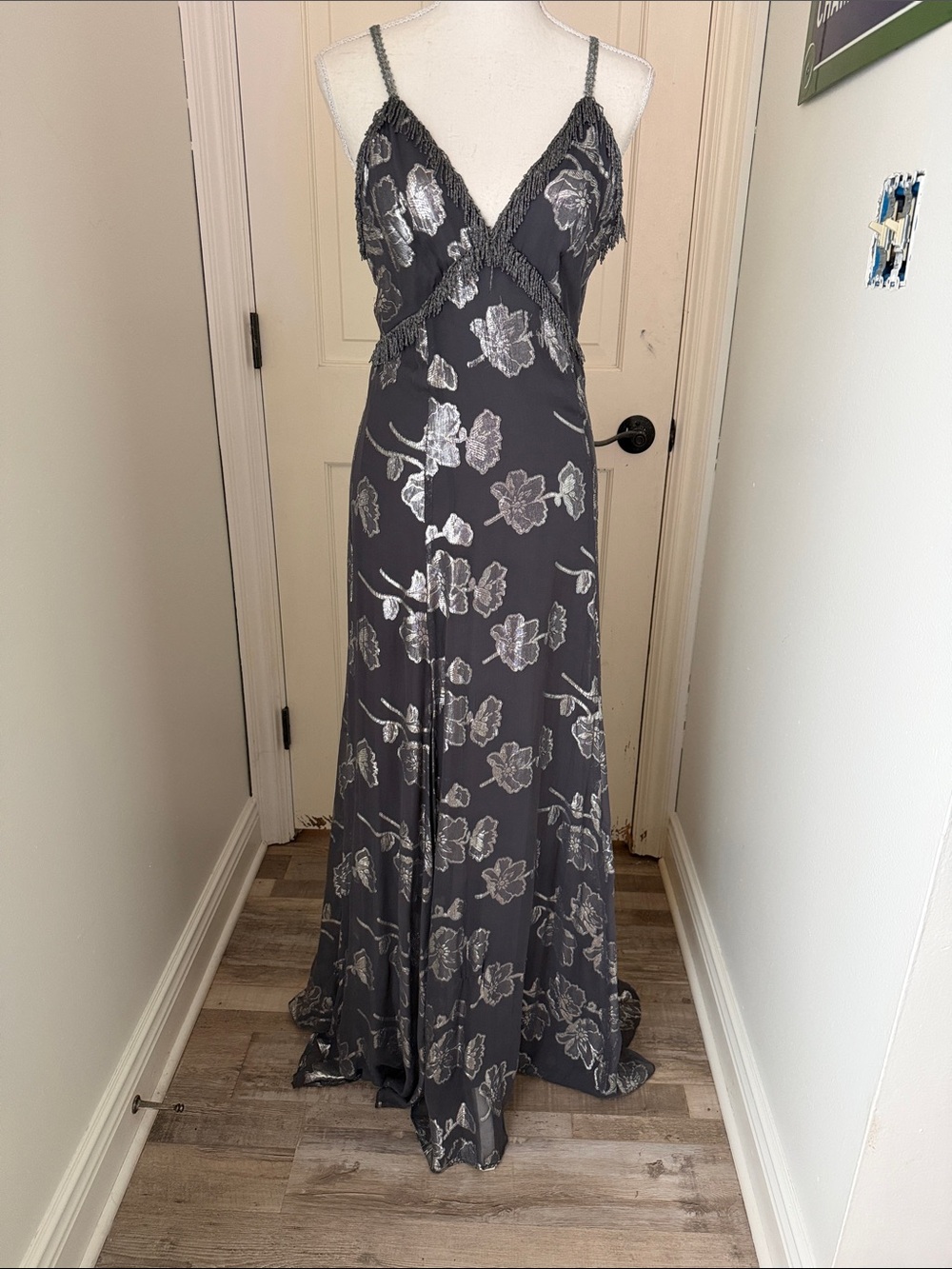 Gray Floral Maxi Dress with Metallic Accents